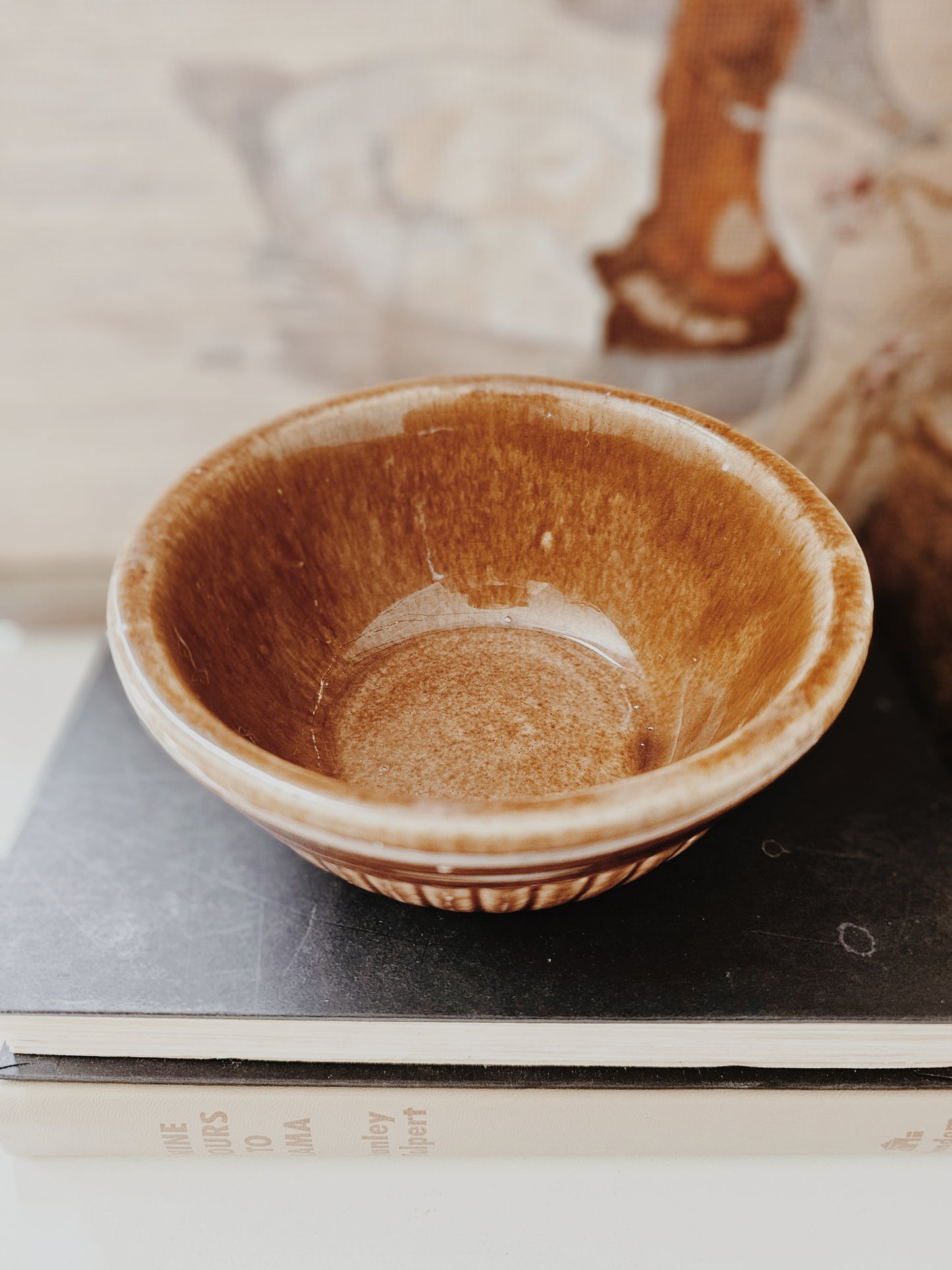 Vintage Ribbed Ceramic Dark Brown Bowl