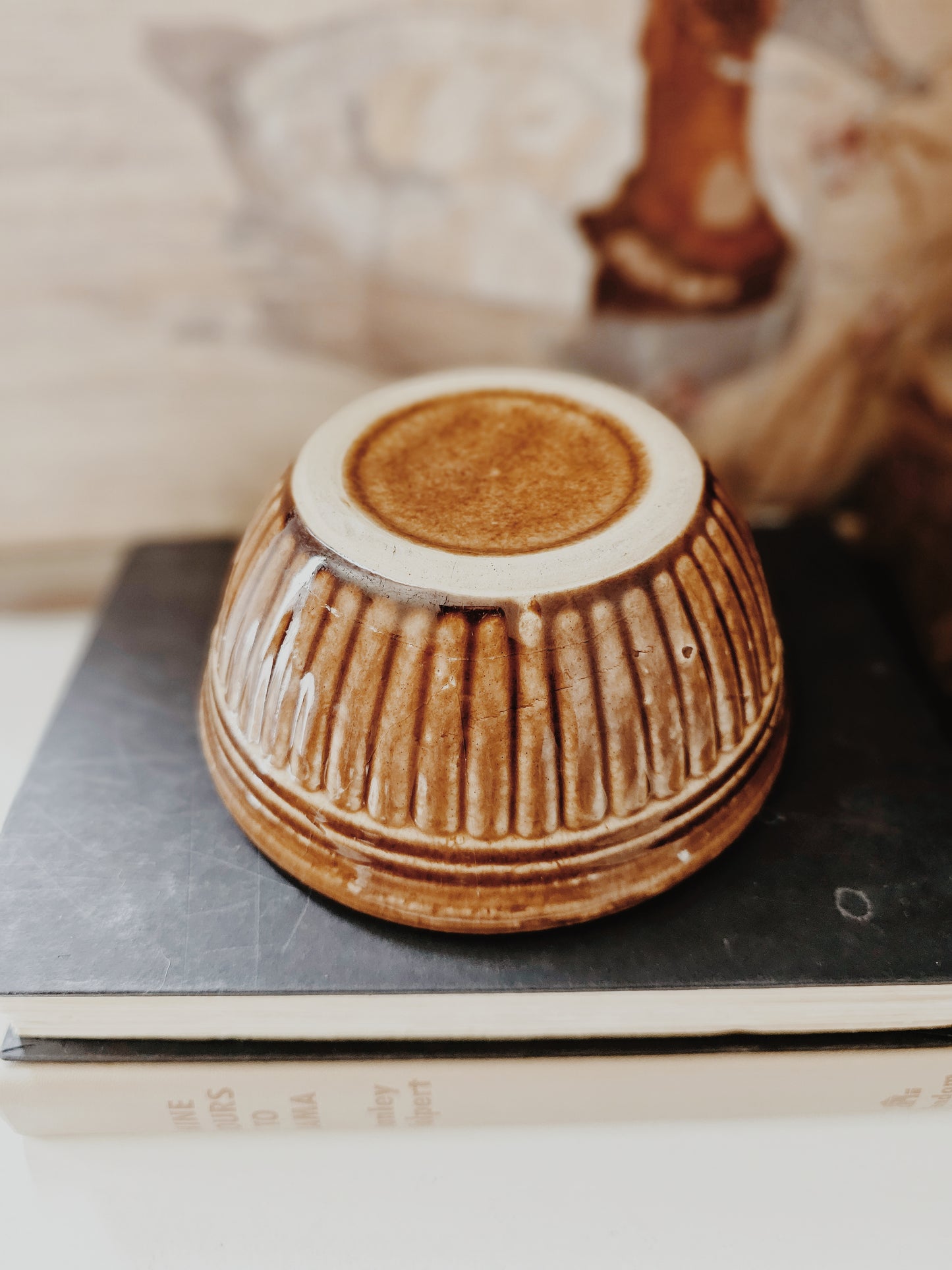 Vintage Ribbed Ceramic Dark Brown Bowl