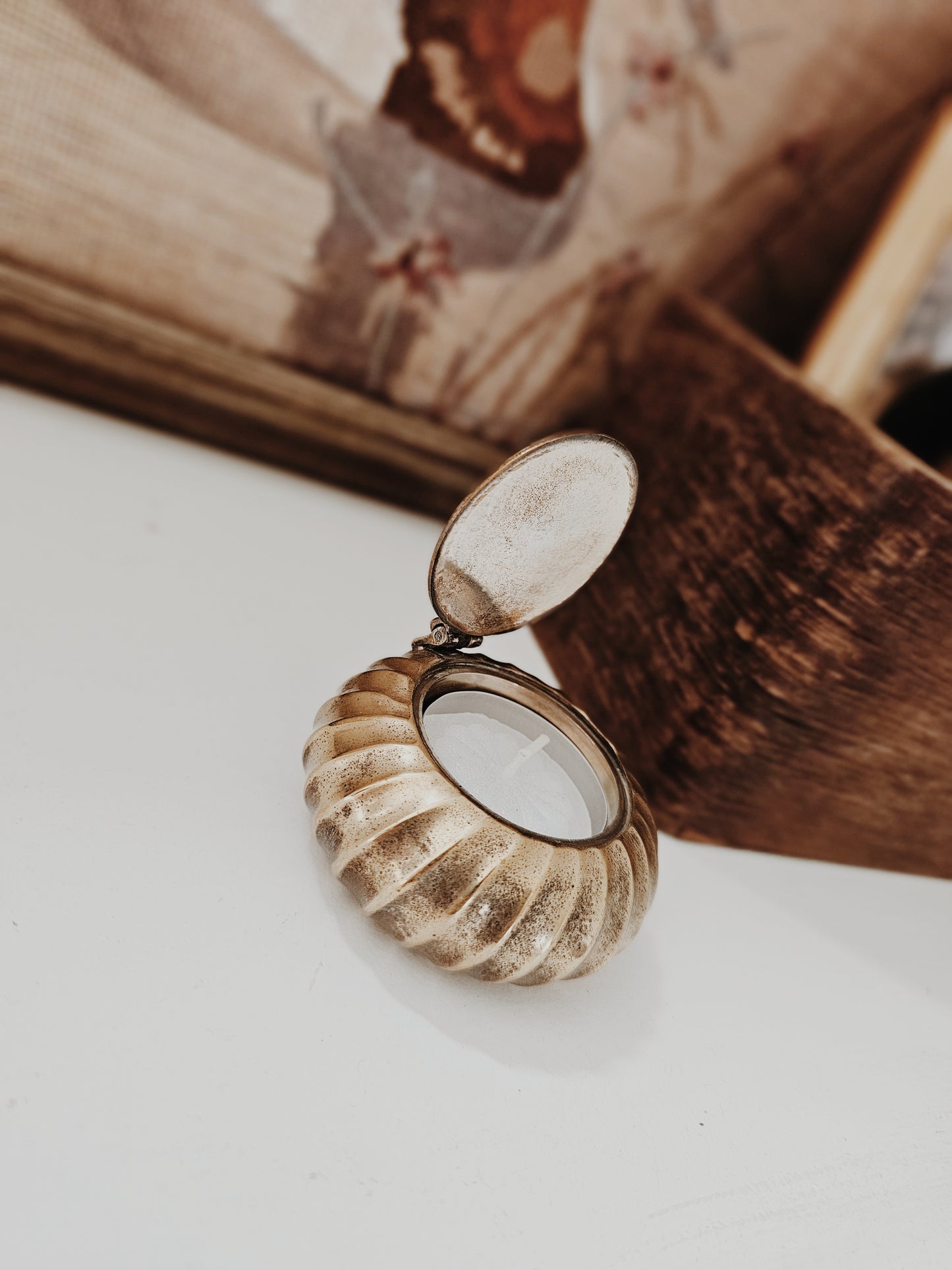 Vintage Brass Candle Holder with Hinged Lid