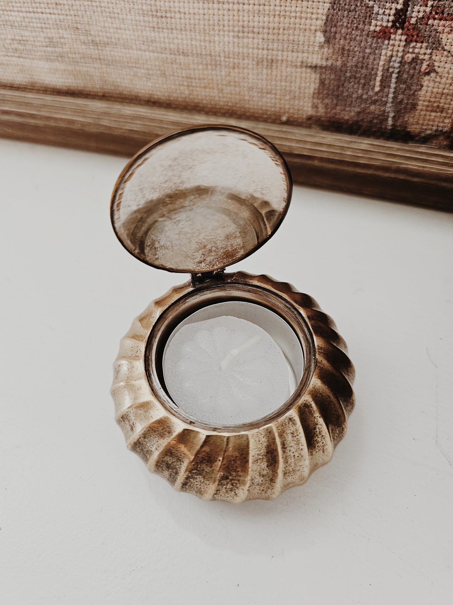 Vintage Brass Candle Holder with Hinged Lid