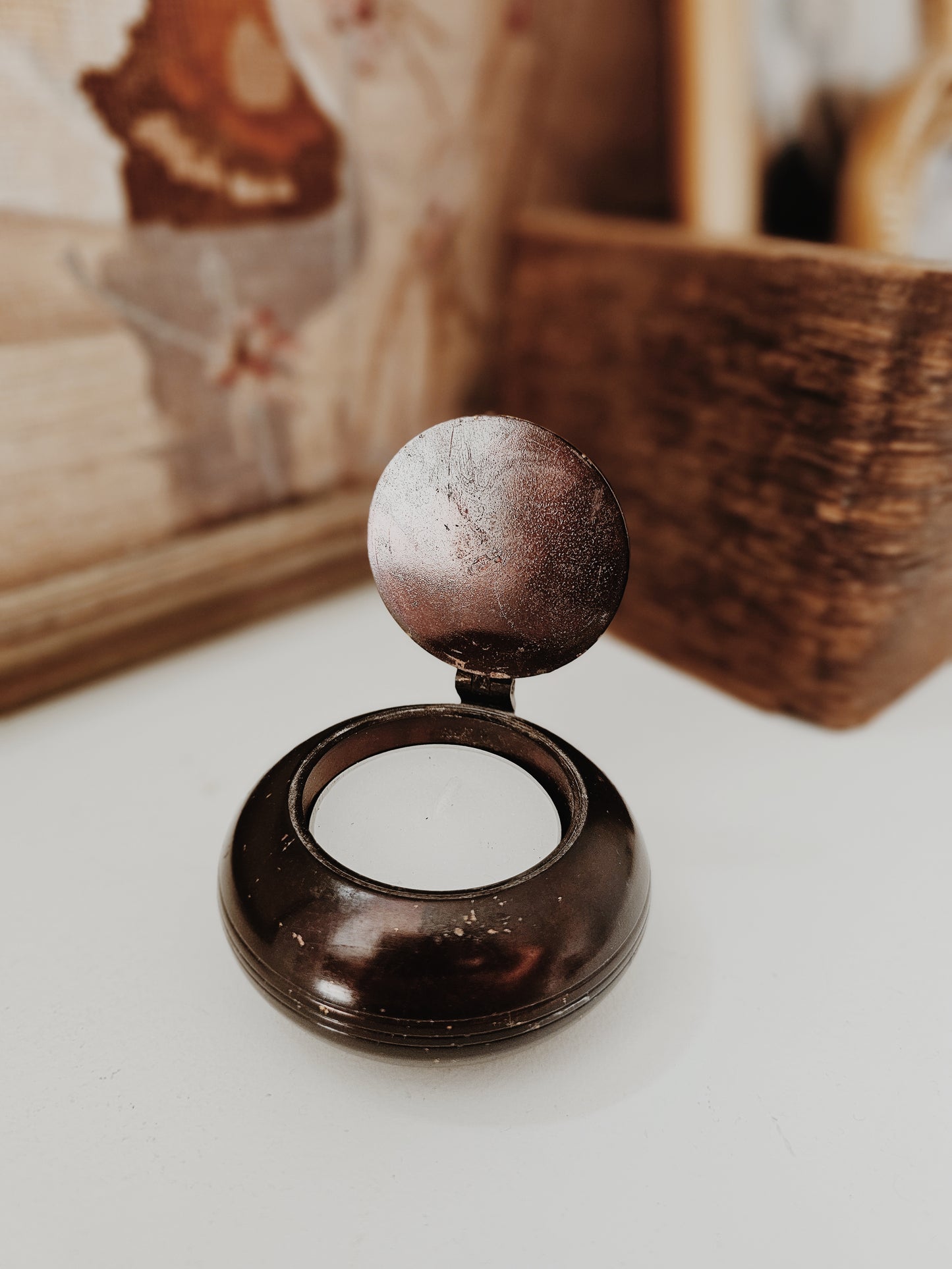 Vintage Dark Brown Hinged Candle Holder