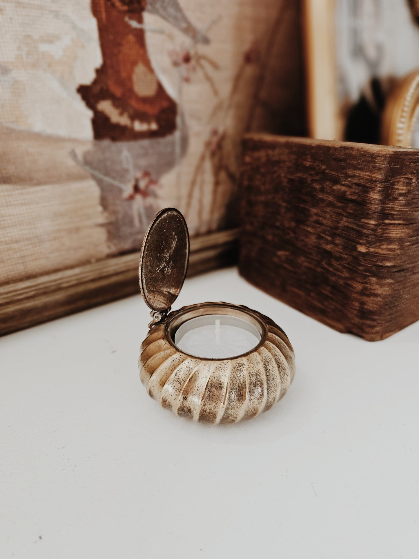 Vintage Brass Candle Holder with Hinged Lid