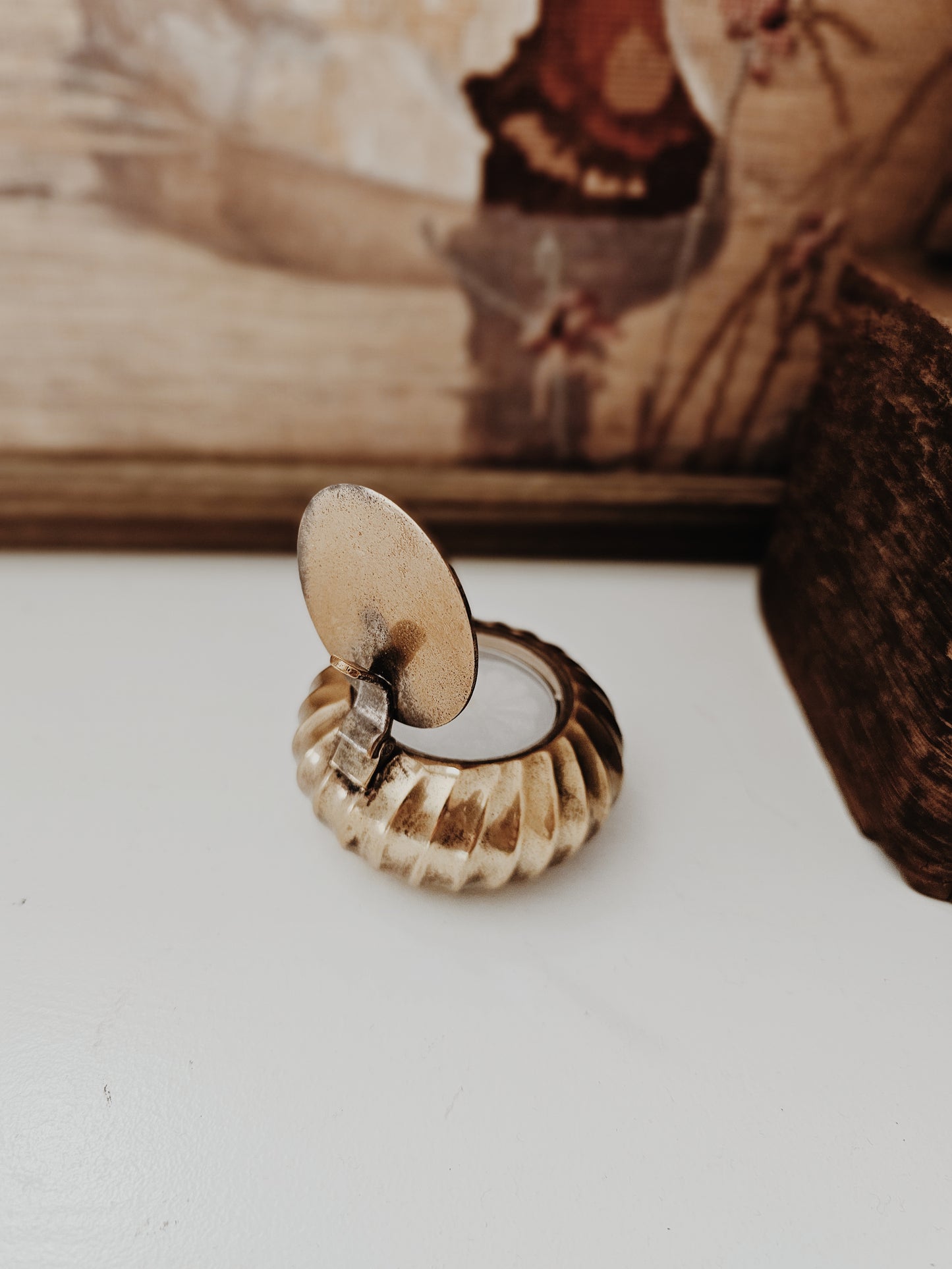Vintage Brass Candle Holder with Hinged Lid